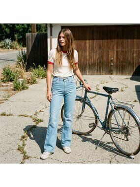 Vintage 70s Levis Skosh Flare Jeans Orange Tab Light Wash Hippie Boho 33x34